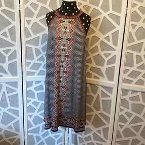 Max Studio; Midi Halter Dress; Black Print with Multi colored borders; Size XL